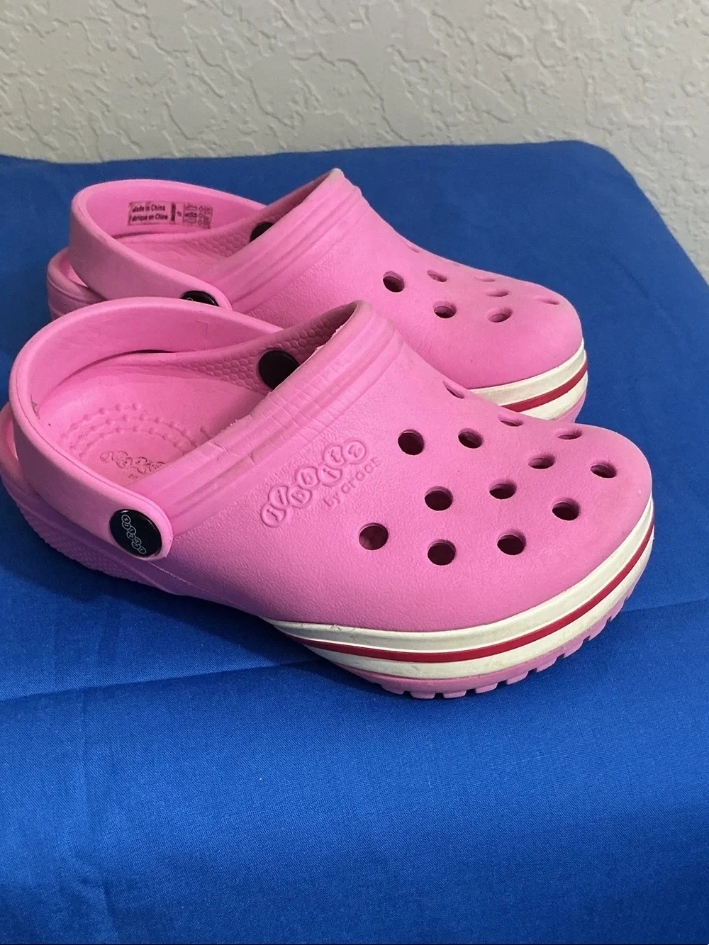 💖 Crocs Kids Crocband Pink White Red Stripe Clog Water Shoes Size C7 💖